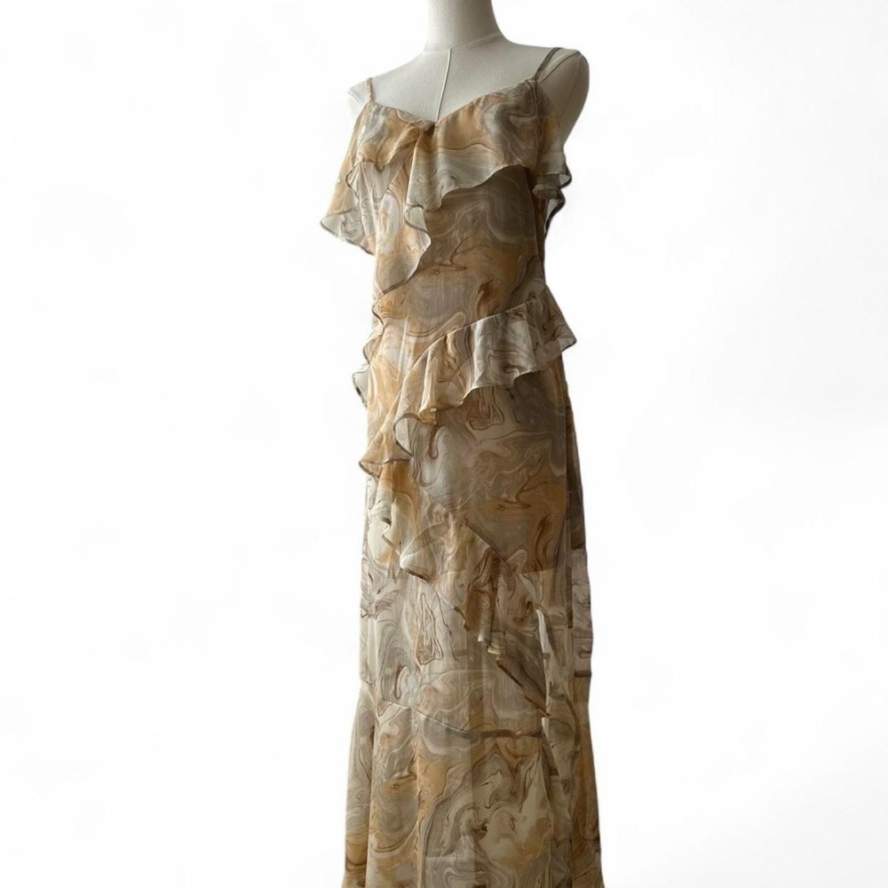 y2k Asymmetrical Ruffle Maxi Dress Garden Fairy Tan V-neck Spaghetti Strap Med.